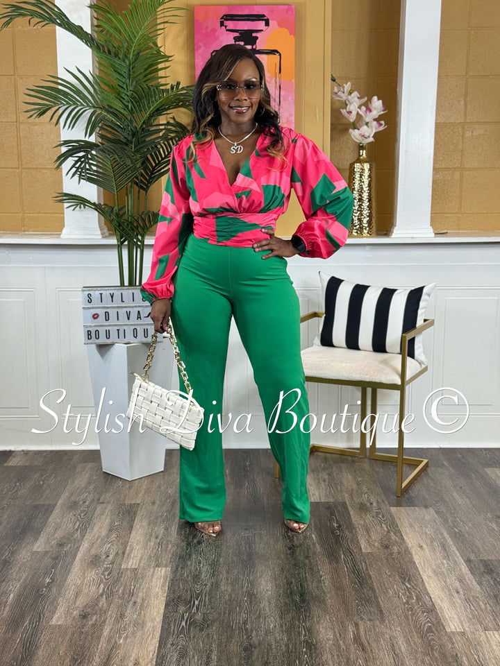 Mariska Abstract Print Crop Top (Pink/Green)