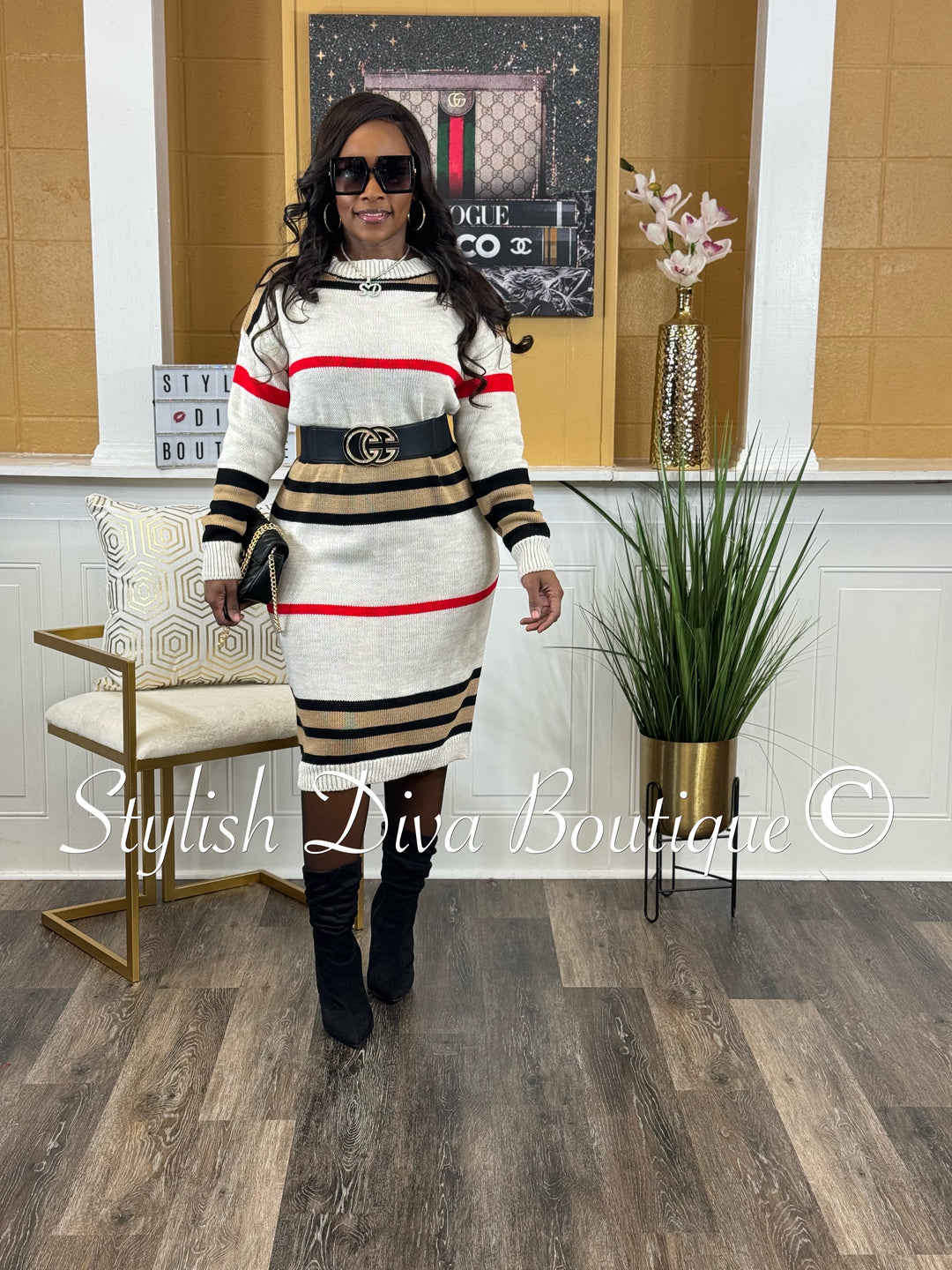 Ava Striped Knitted Midi Sweater Dress (Stone/Red/Brown/Black) Ava Striped Knitted Midi Sweater Dress (Stone/Red/Brown/Black)