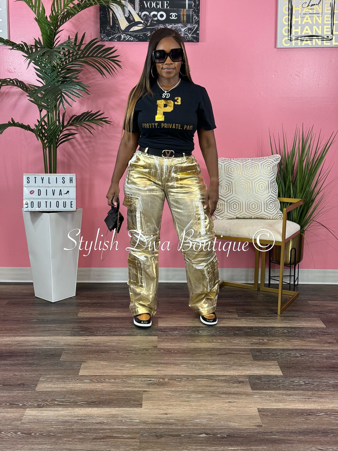 P-3 Pretty. Private. Paid. T-Shirt (Black/Gold Foil Print)