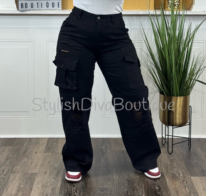 Icon Distressed Cargo Pants (Black)