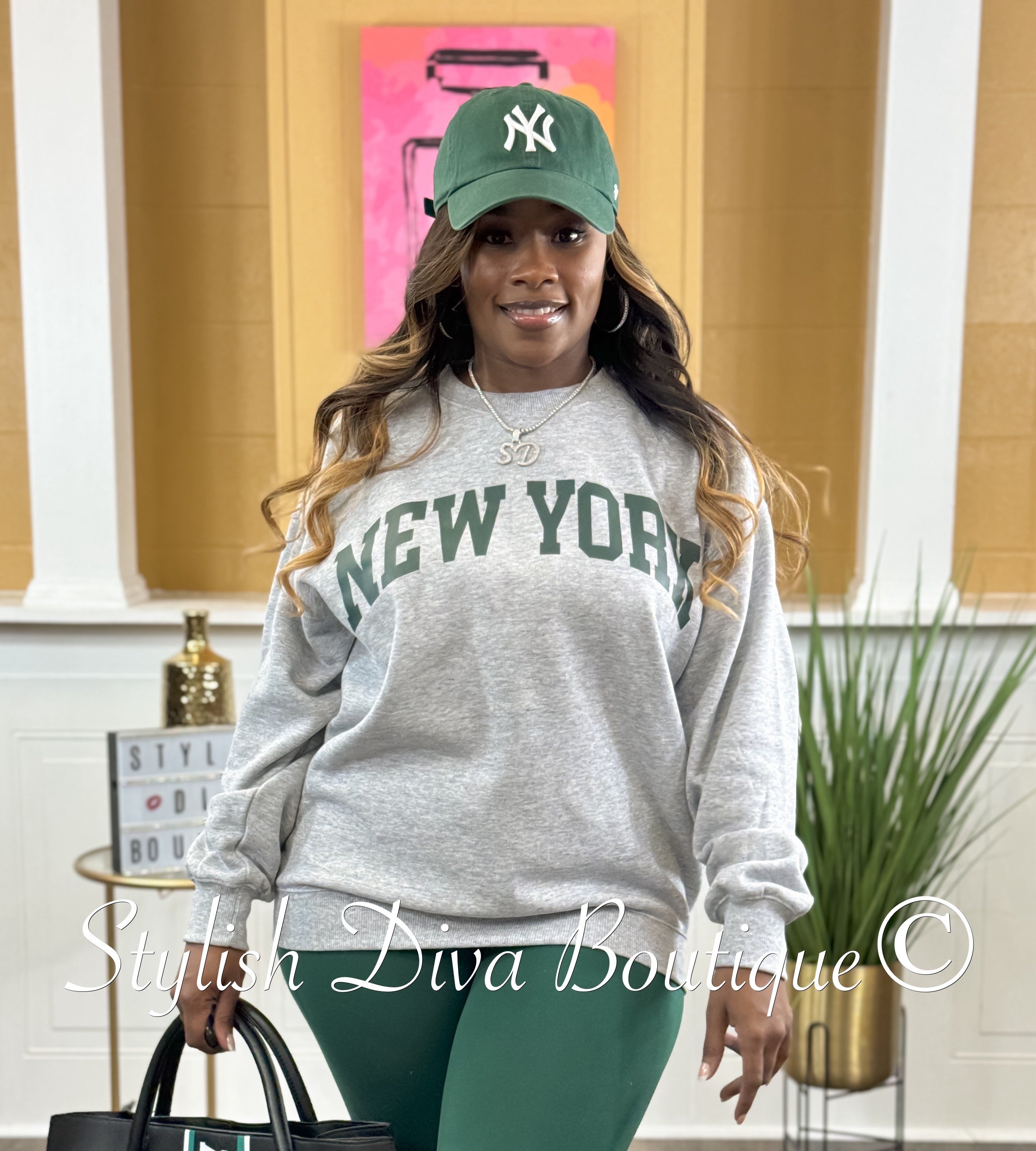 New York Oversized Sweatshirt Leggings Set Heather Grey Dk Green Print