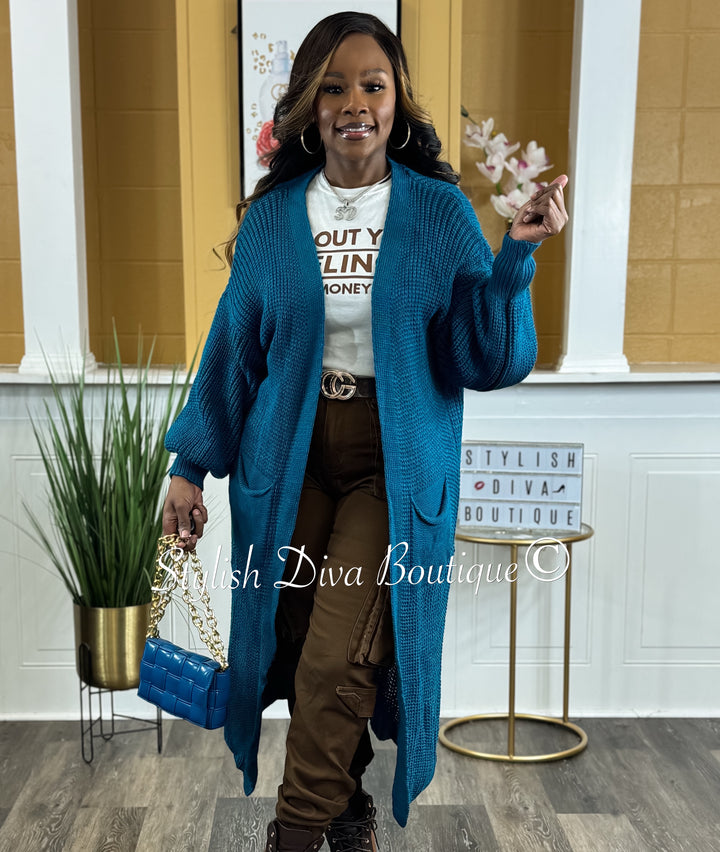 Keep Me Warm Oversized Long Knitted Cardigan (Teal)