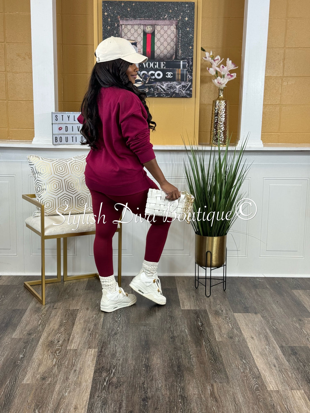 Brooklyn Oversized Sweatshirt & Leggings Set (Cabernet & Cream)