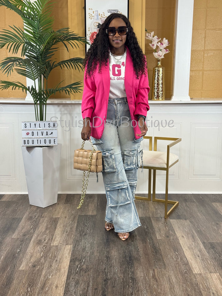 Back In Business Ruched Sleeve Blazer (Hot Pink)