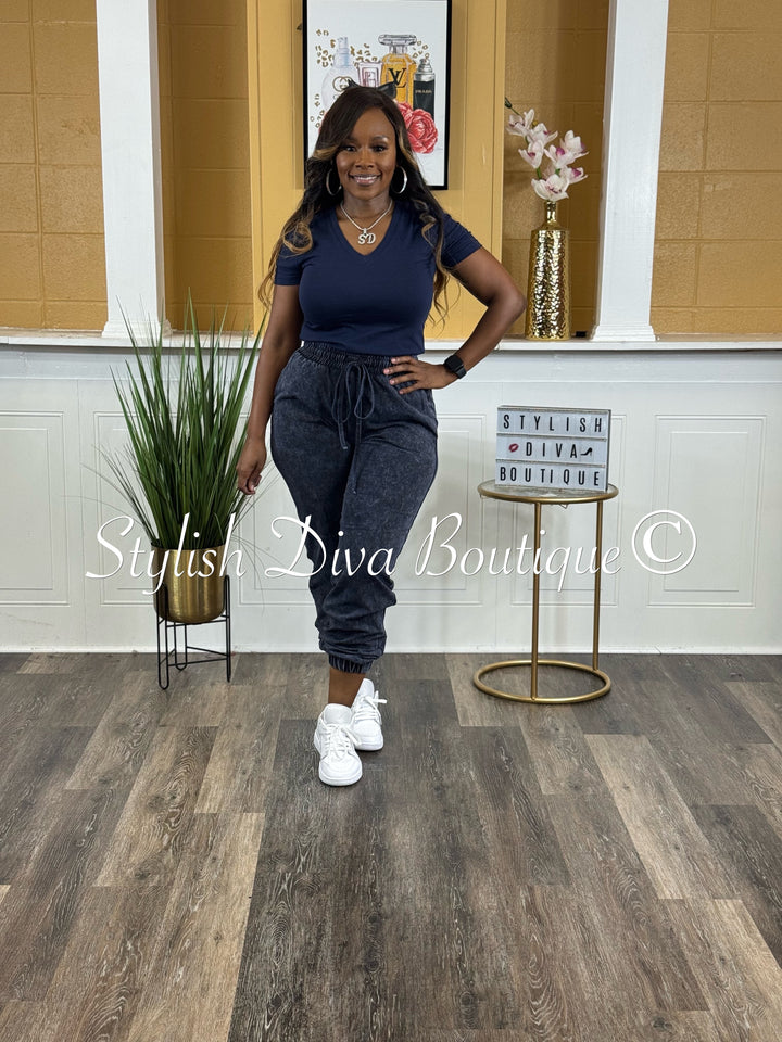 Kerrilyn Acid Wash Jogger Set (Navy)