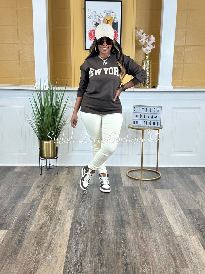 New York Sweatshirt Only up to 3XL (Chocolate/Cream Print)