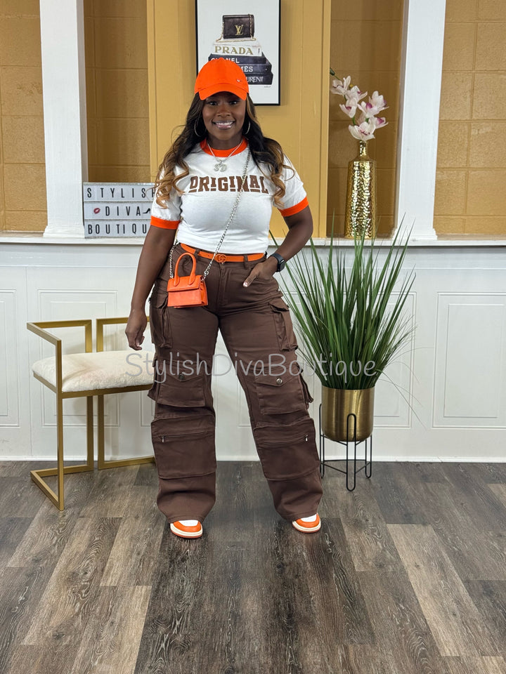 ORIGINAL Ringer Tee (White/Orange) (Brown Print)