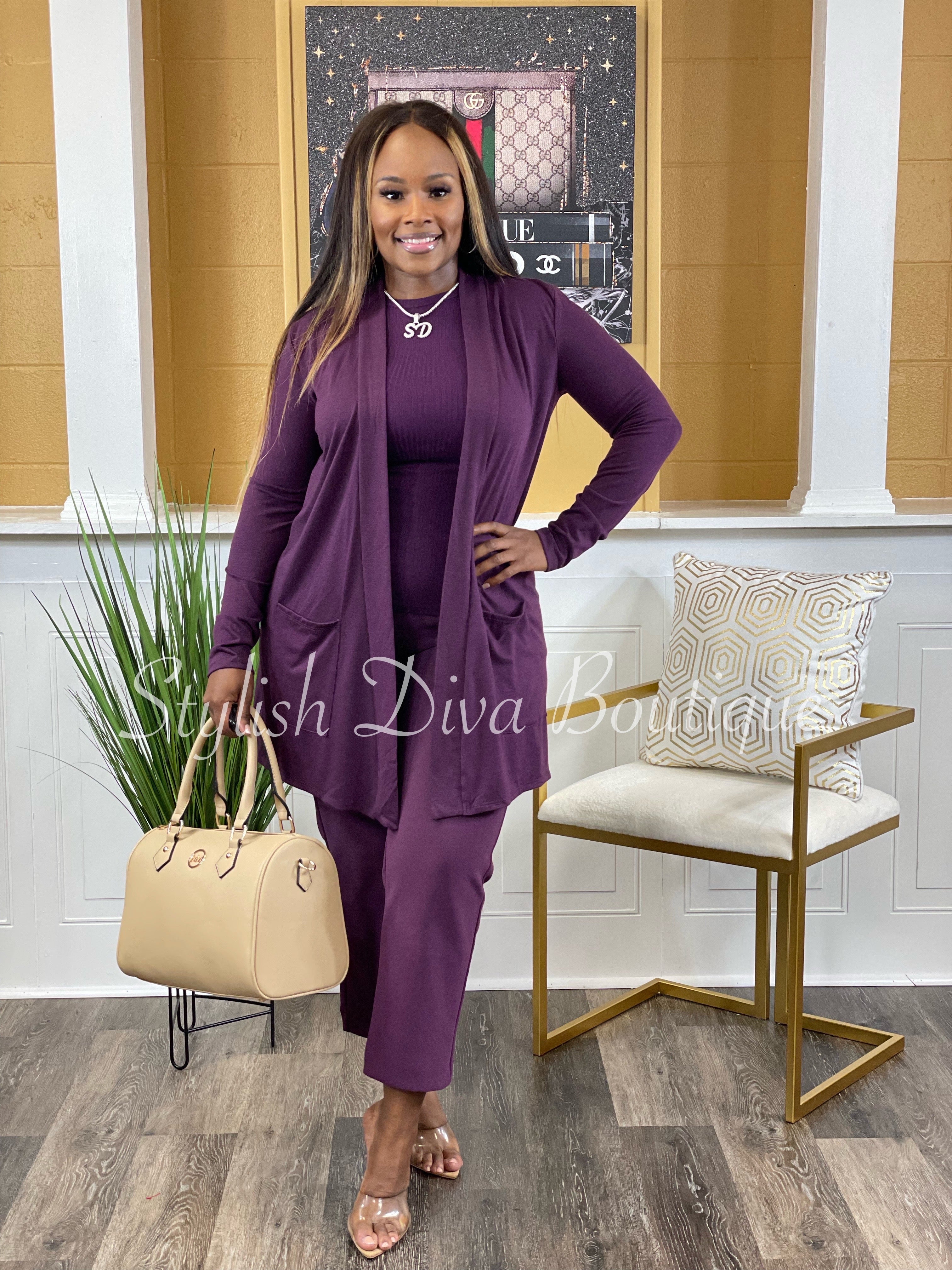 Business Inclusive 2pc Cardigan & Pants Set up to 3XL (Eggplant)