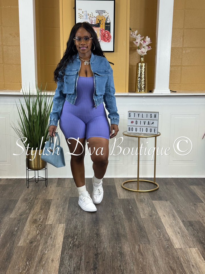 Ayla Sleeveless Ribbed Romper (Sky Lavender)