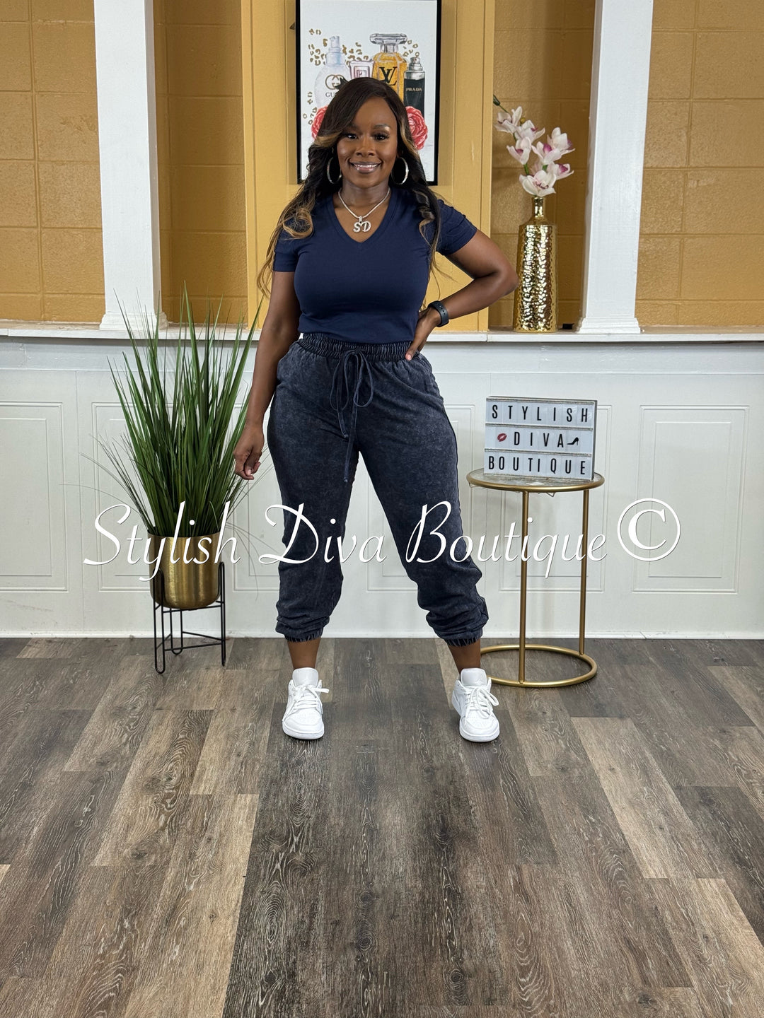 Kerrilyn Acid Wash Jogger Set (Navy)