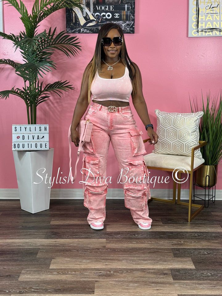 Nicki Acid Wash Cargo Pants (Pink)