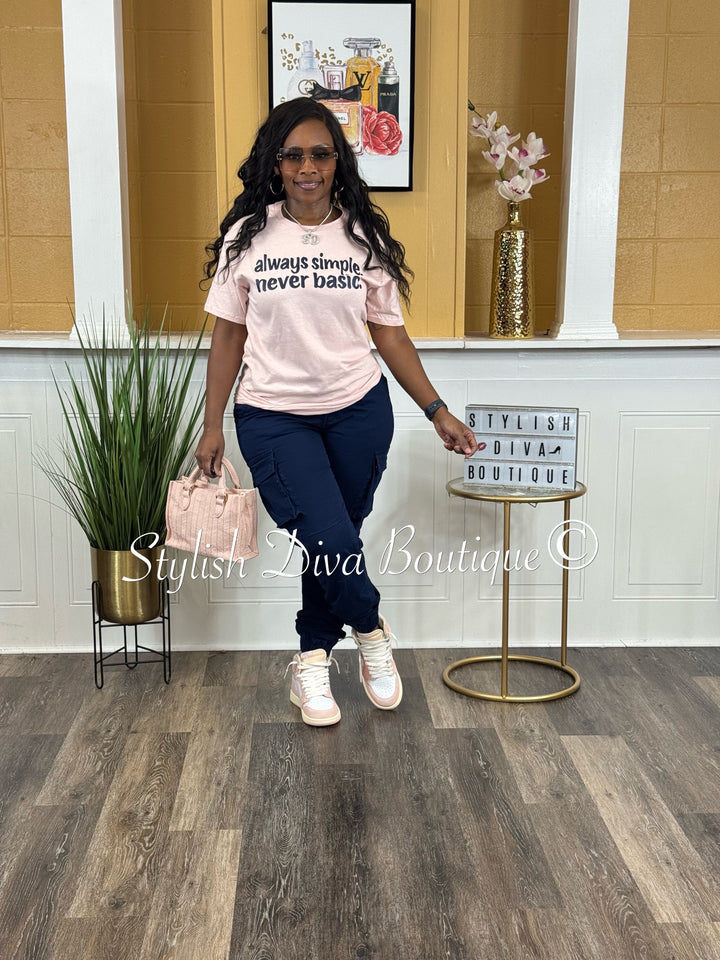 always simple. never basic. T-shirt (Blush Pink Shirt/Dark Navy Print)