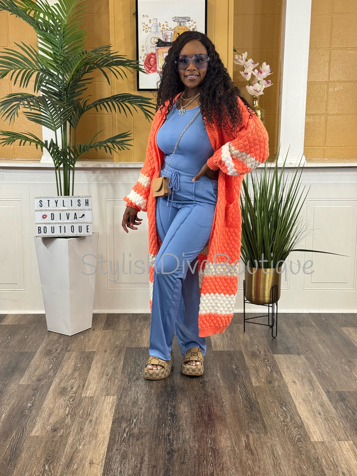 Sharlotte Colorblock Long Knit Cardigan (Bright Orange/Cream)