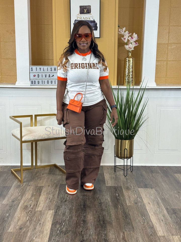 ORIGINAL Ringer Tee (White/Orange) (Brown Print)