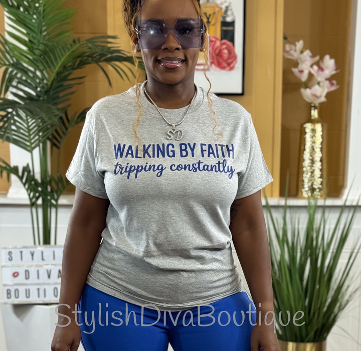 Walking By Faith Graphic Tee (Grey Shirt/Royal Blue Print)