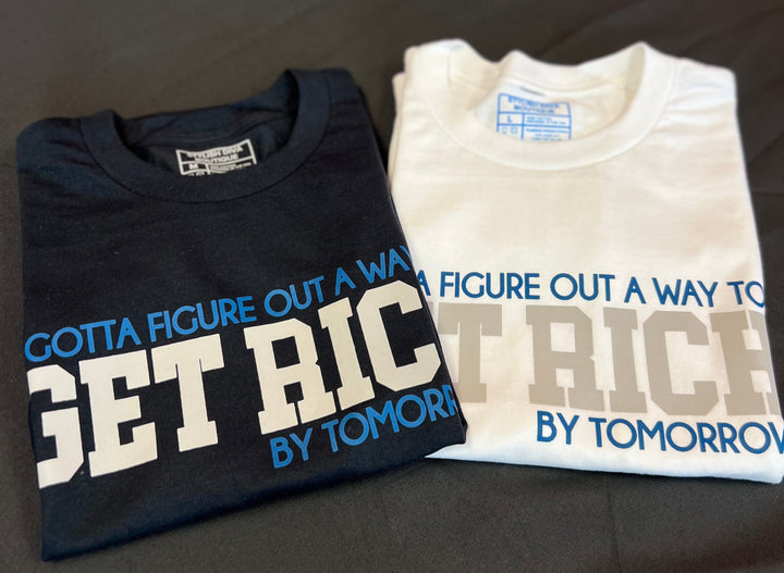 Get Rich Tomorrow Graphic Tee (Black Shirt/Blue & Light Gray Print)