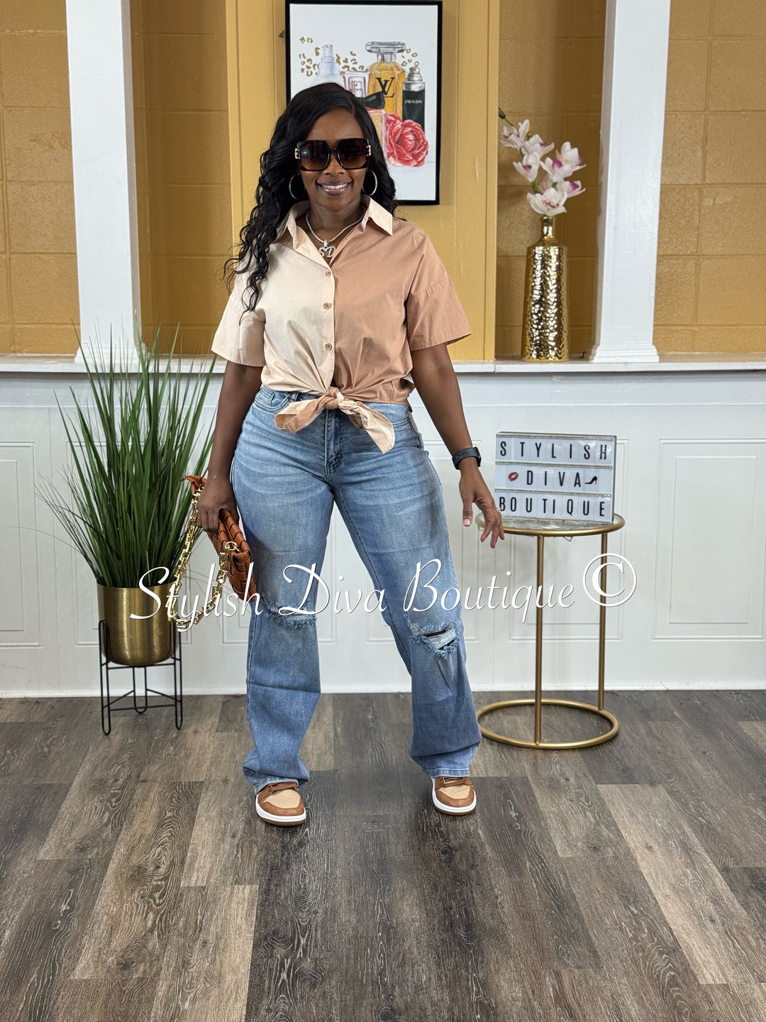 Split Decision Button Up Top (Cream/Tan)