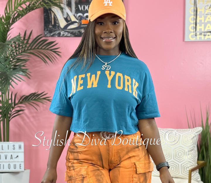 New York Print Crop Top (Teal/Orange Print)