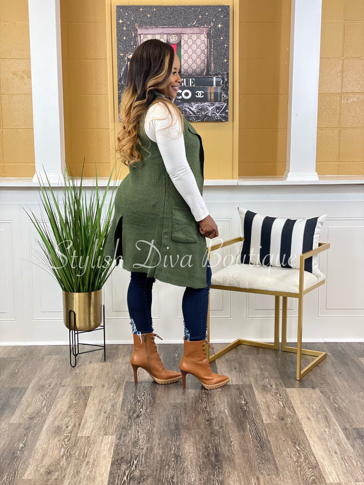 Classy Girl Cardigan Vest (Olive) up to 2XL