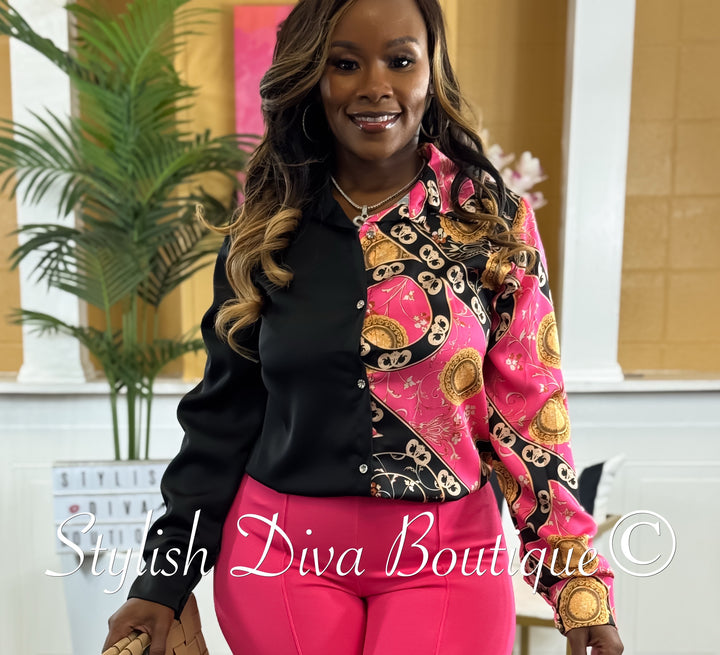 Juliana Color Block Print Shirt (Black/Hot Pink Paisley)