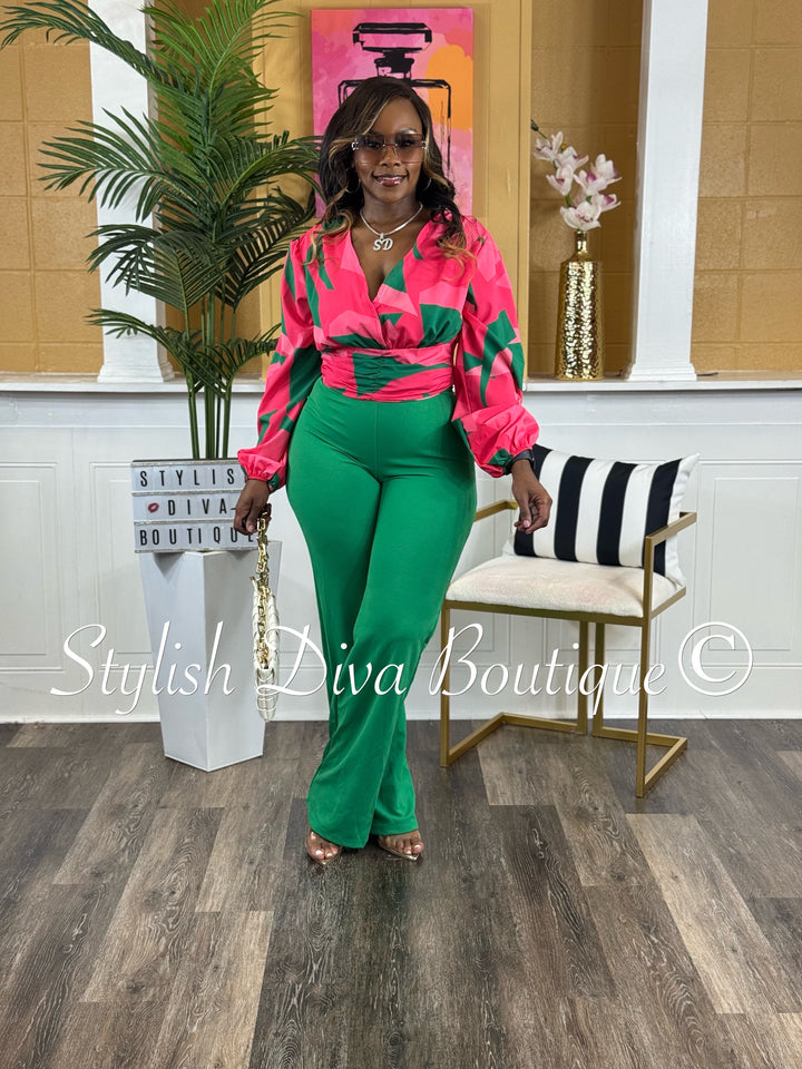 Mariska Abstract Print Crop Top (Pink/Green)