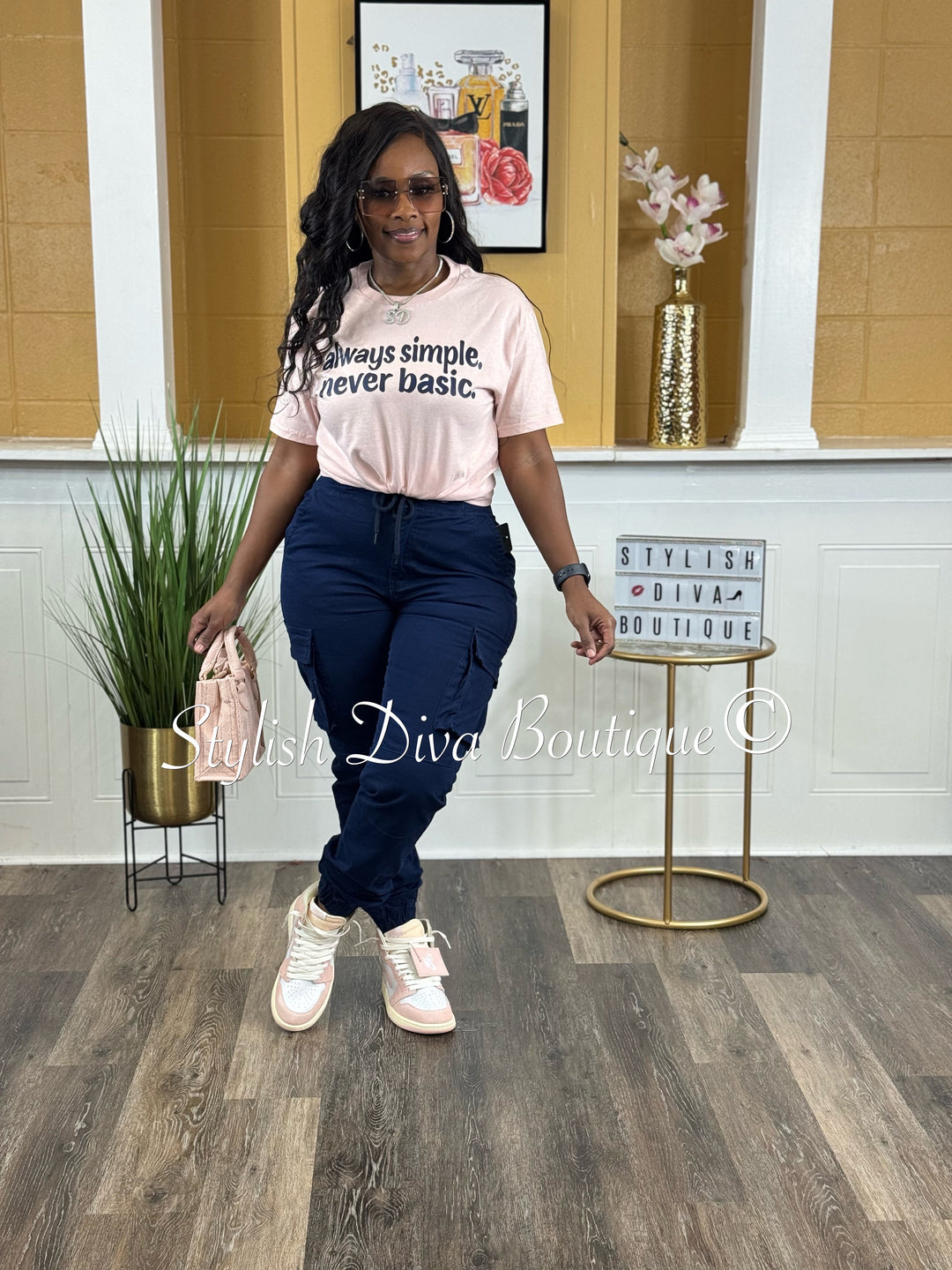 always simple. never basic. T-shirt (Blush Pink Shirt/Dark Navy Print)