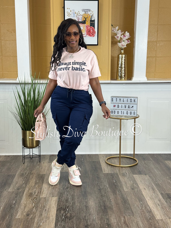 always simple. never basic. T-shirt (Blush Pink Shirt/Dark Navy Print)