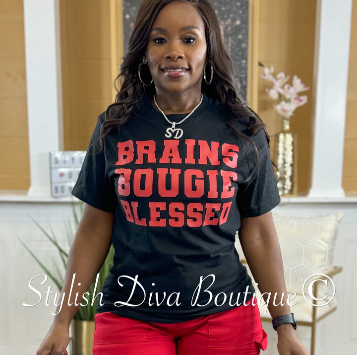 Brains Bougie Blessed T-Shirt (Black Shirt/Red Print)