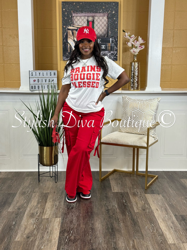 Brains Bougie Blessed T-Shirt (White Shirt/Red Print)