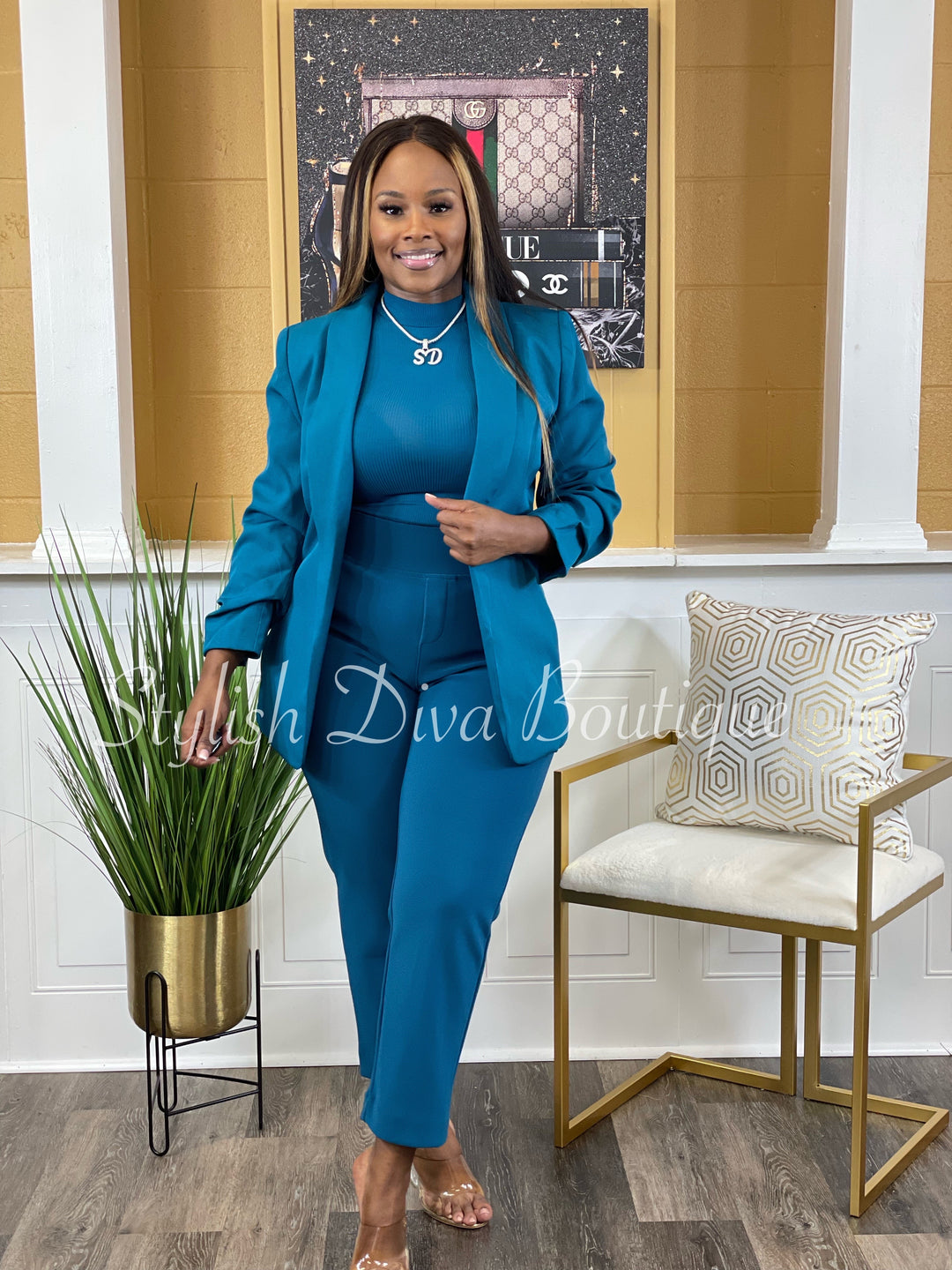 Back In Business Ruched Sleeve Blazer (Teal)