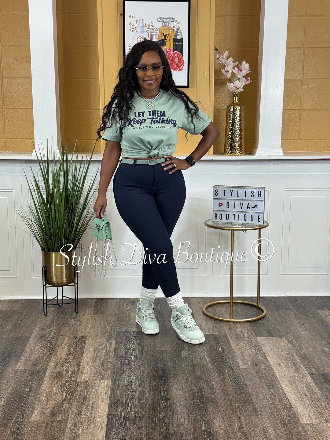 Let Them Keep Talking T-Shirt (Seafoam Sage/Navy Print)