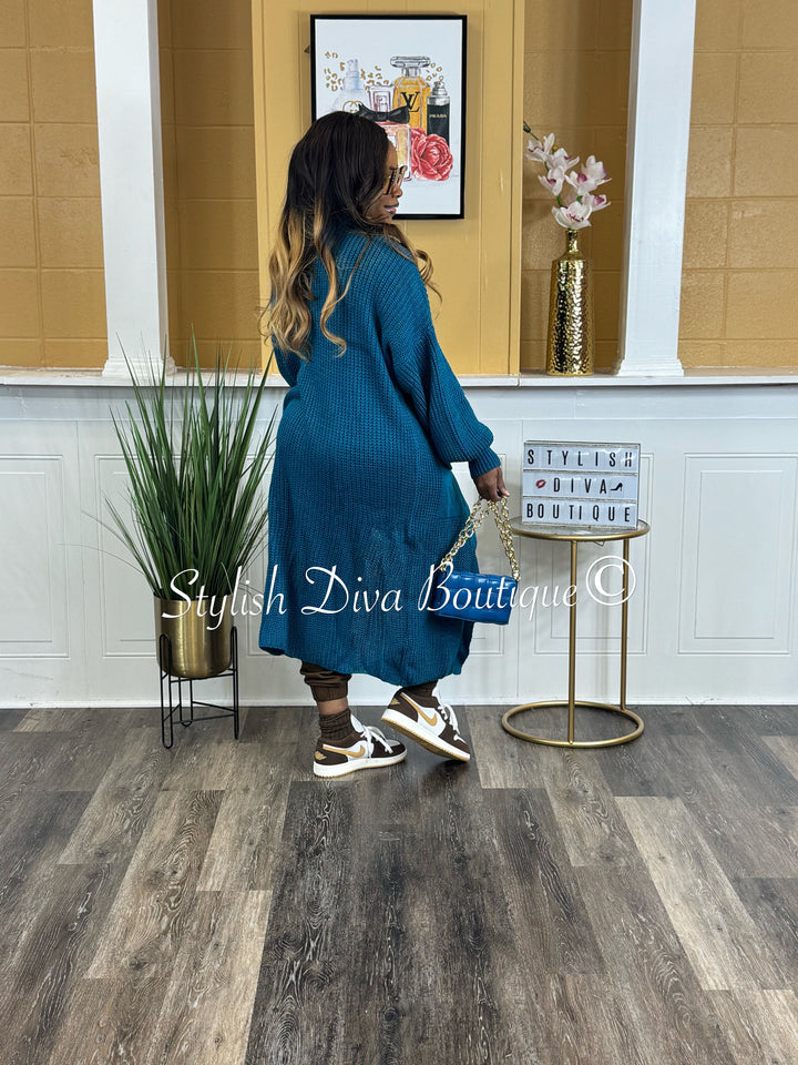 Keep Me Warm Oversized Long Knitted Cardigan (Teal)
