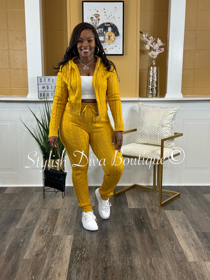 Focused On Me Hooded Cable Knit Legging Set (Mustard)