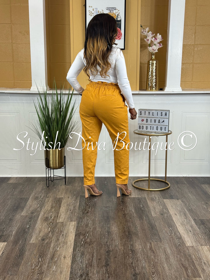 Stone Wash Paperbag Waist Pants (Mustard)