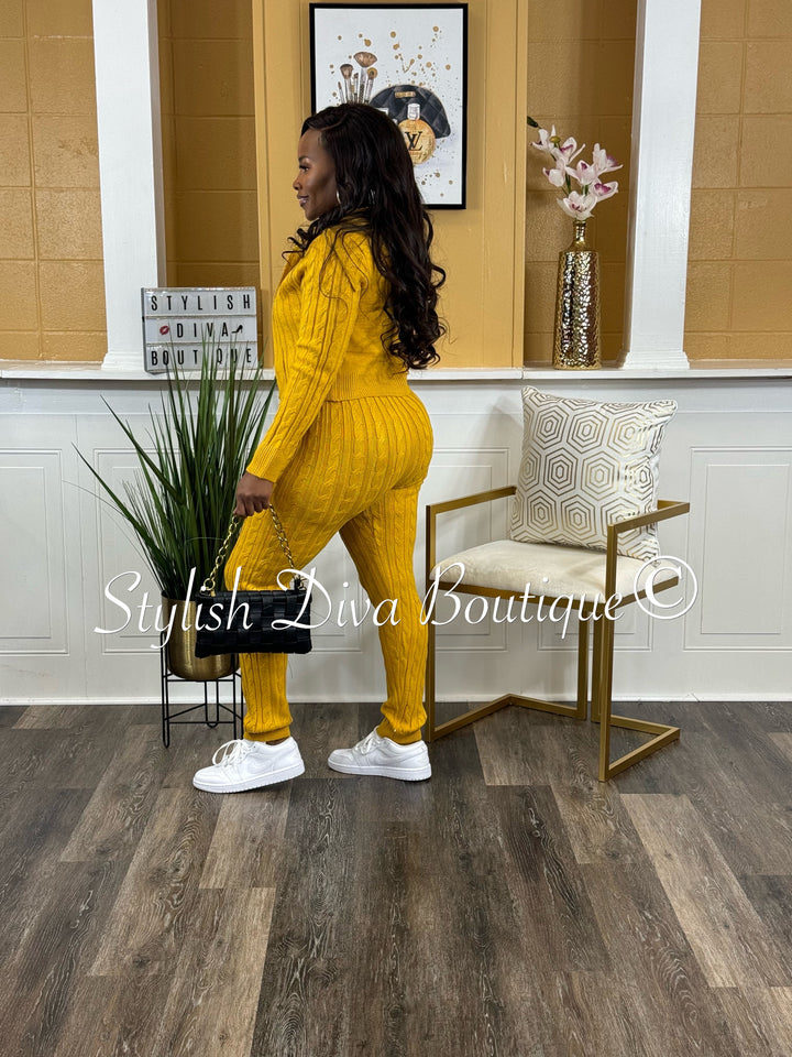 Focused On Me Hooded Cable Knit Legging Set (Mustard)