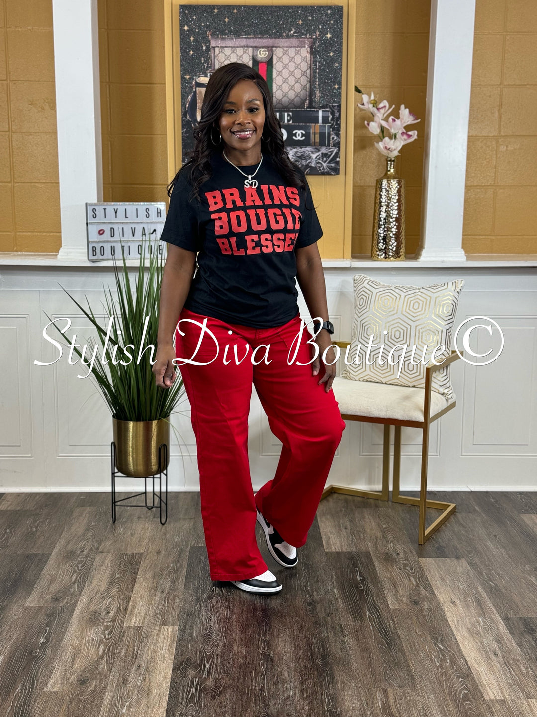 Brains Bougie Blessed T-Shirt (Black Shirt/Red Print)