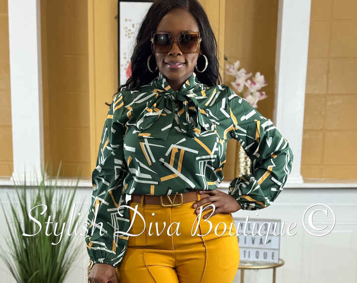 Sophia Pussybow Blouse Top (Green/Mustard/Black/White)
