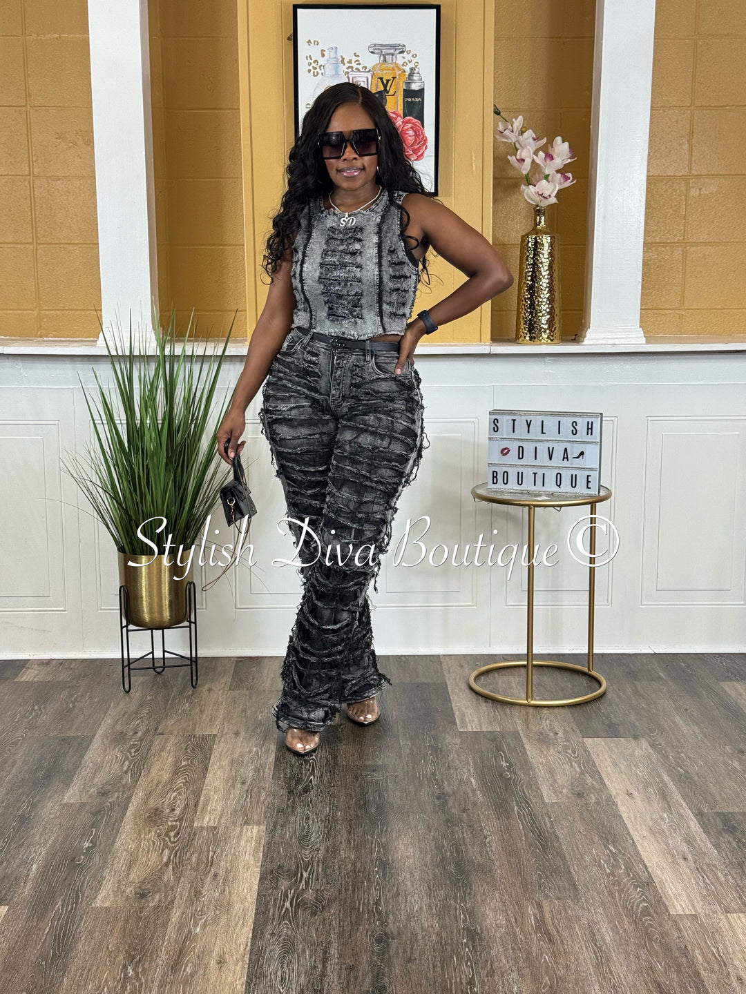 Jade Acid Wash Distressed Denim Top (Black)