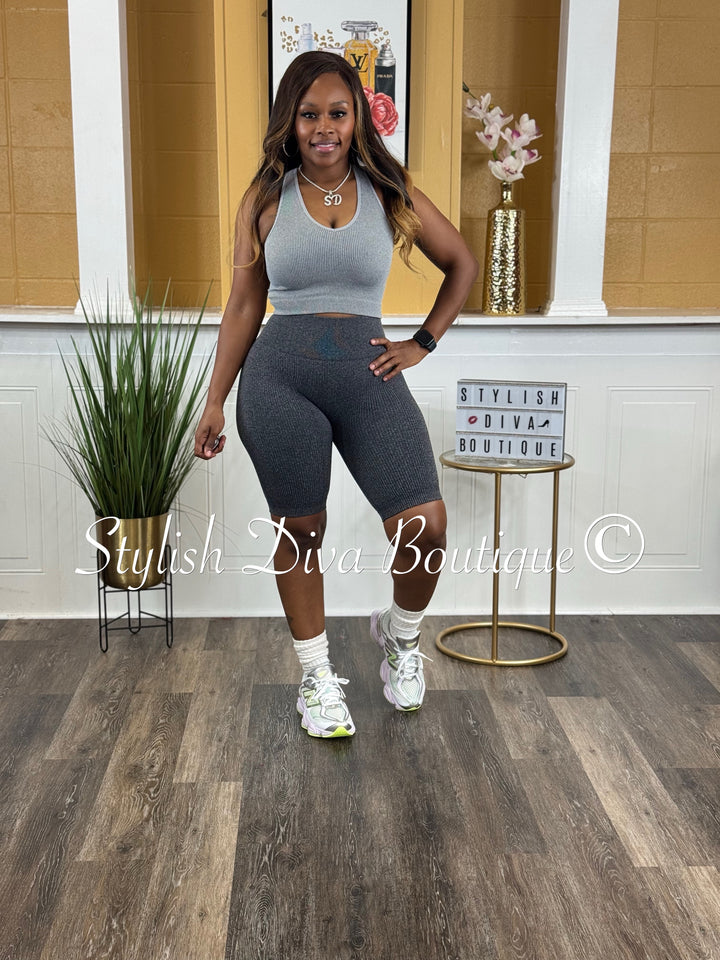 Seamless Ribbed High Waist Biker Shorts (Charcoal Grey)