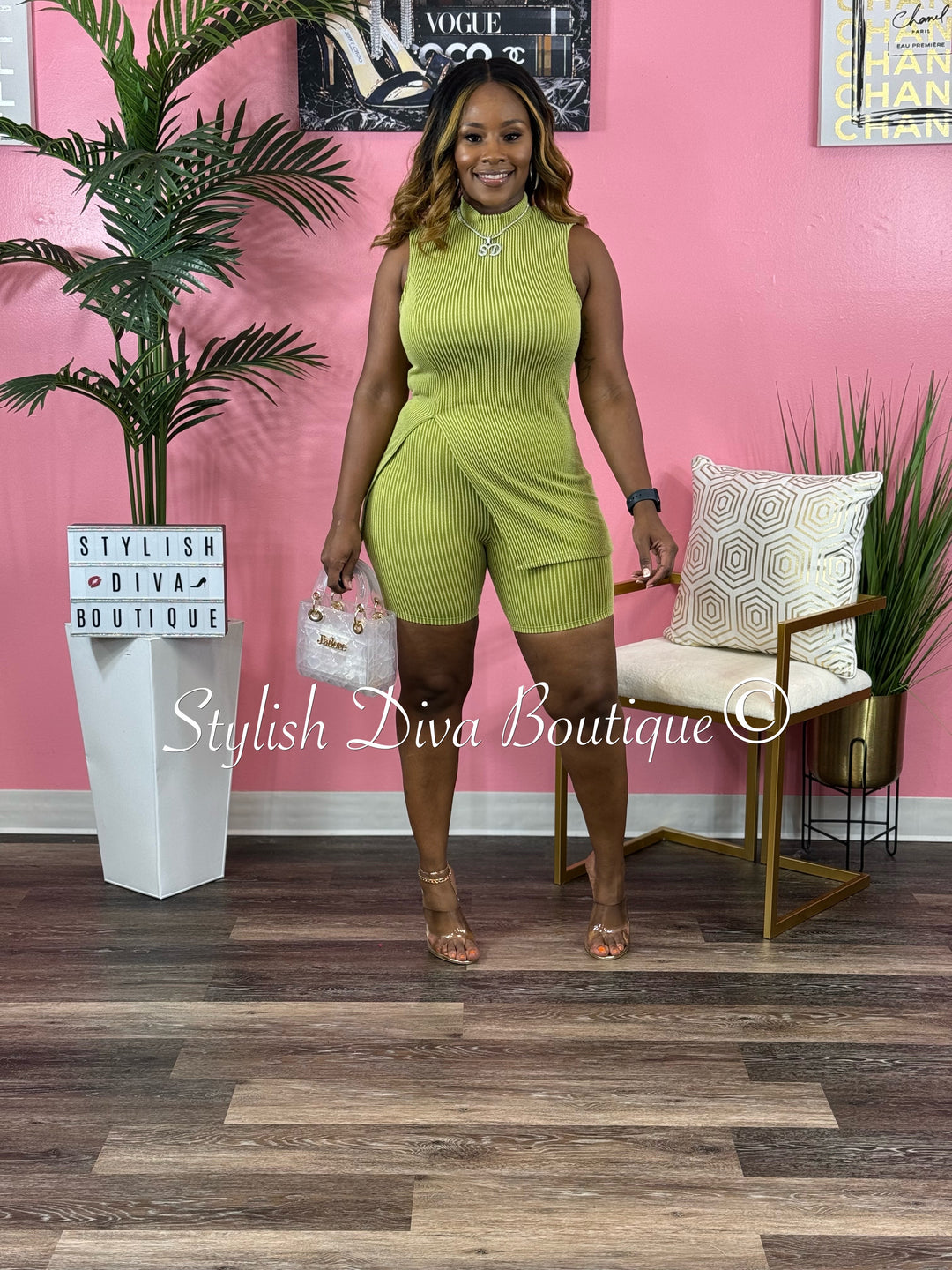 Mila Ribbed Short Set up to 3XL (Moss Green)