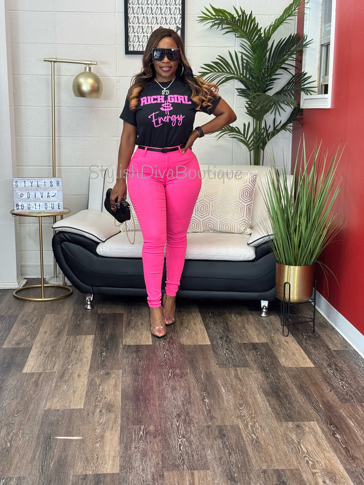 Rich Girl Energy Graphic Tee (Neon Hot Pink Print)