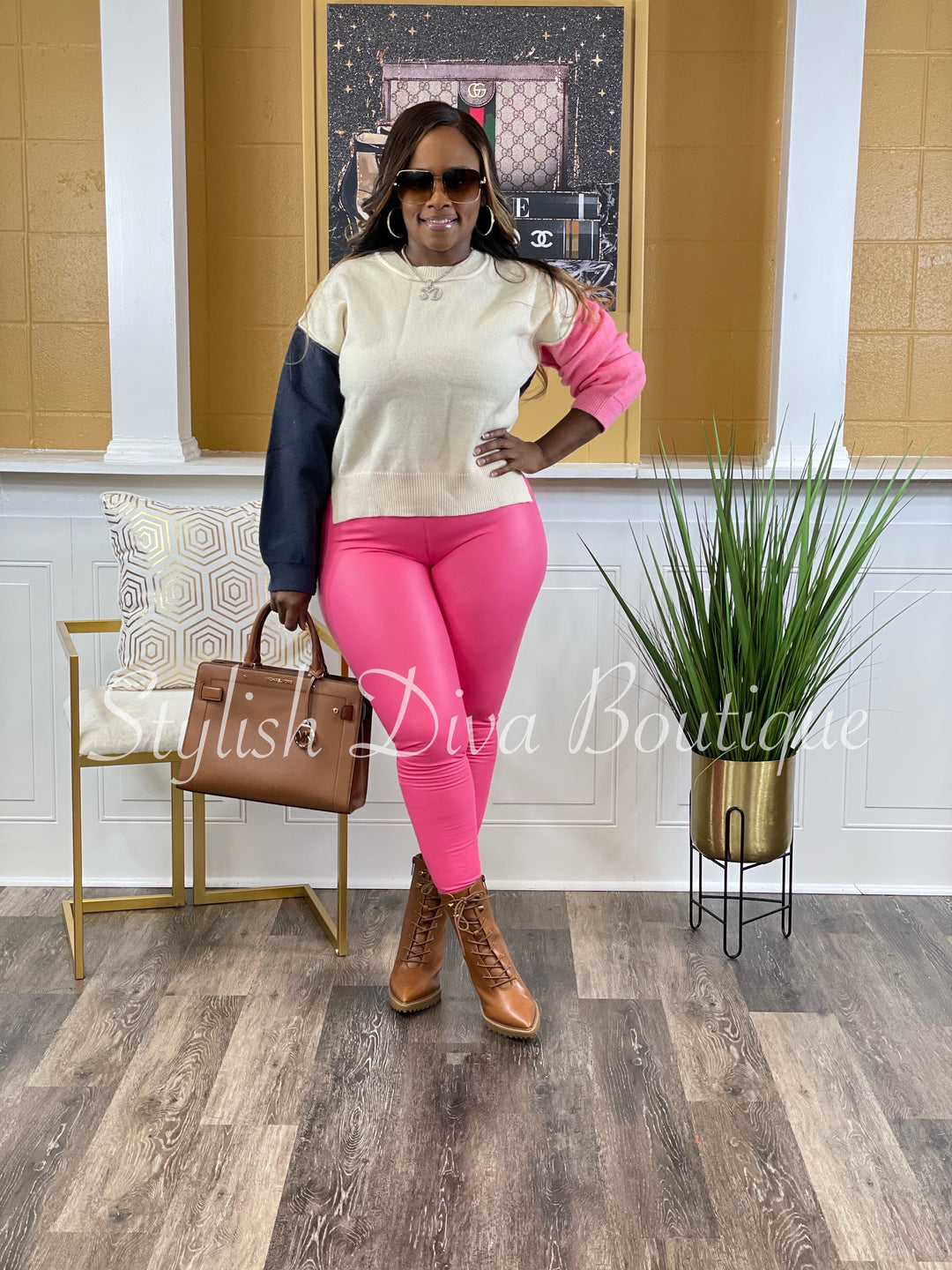 Sarita L/S Colorblock Oversized Sweater (Navy/Ivory/Pink)