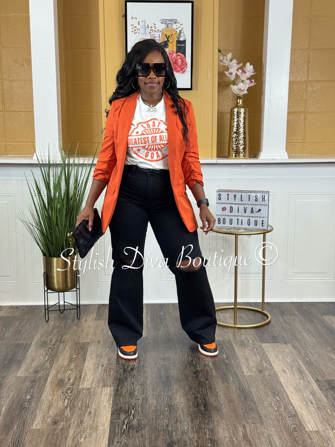 GOAT Stamped (White Shirt/Deep Orange Print)