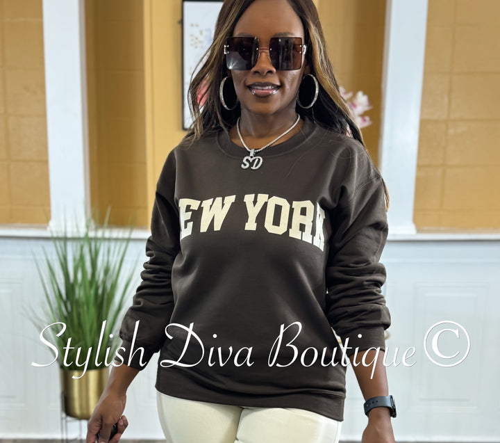 New York Sweatshirt Only up to 3XL (Chocolate/Cream Print)