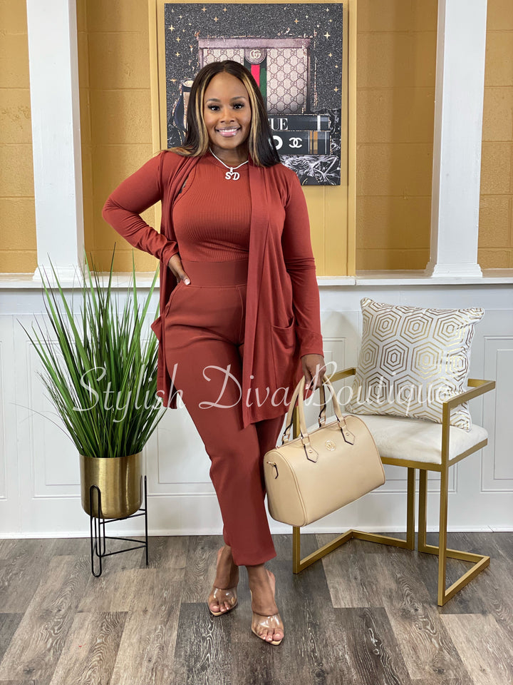 Business Inclusive 2pc Cardigan & Pants Set up to 3XL (Dk Rust)