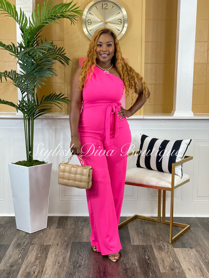 Night Out One Shoulder Jumpsuit (Pink)