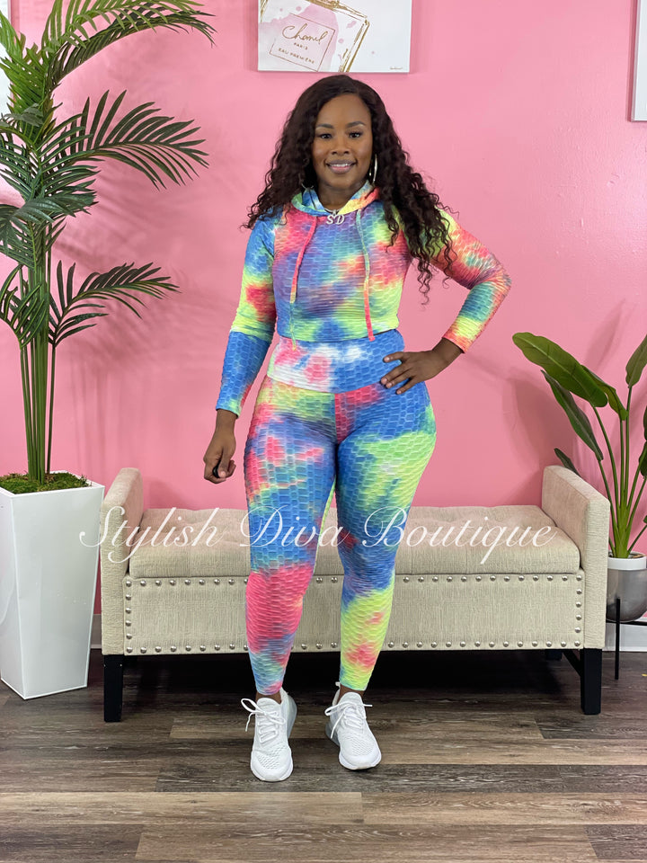 Tie Dye Honeycomb Cropped Hoodie up to 3XL (Pink/Green)