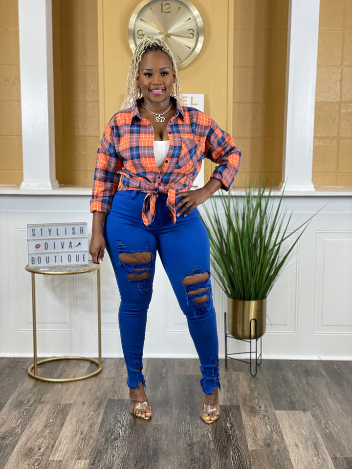 Check Me Out Plaid Flannel Top (Orange Combo)