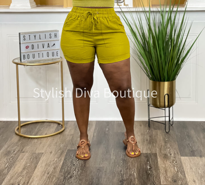 Olive Mustard Linen Shorts Only