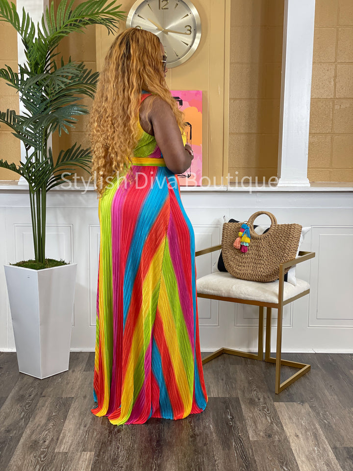 Colorful Delight Striped Maxi Dress (Rainbow)